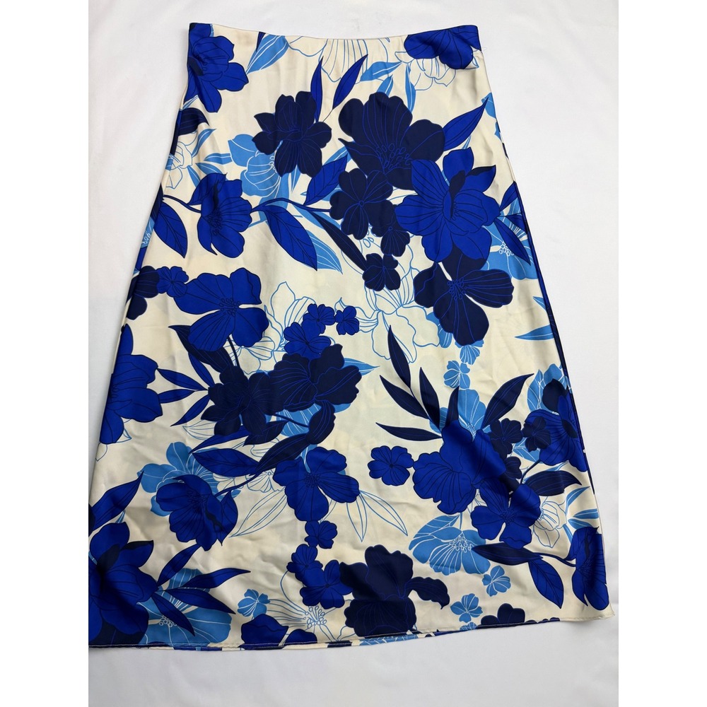 J.Crew Blue Floral Midi Skirt Cream Botanical Print Elastic Waist Womens XS